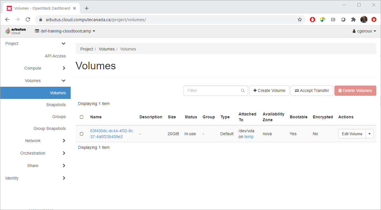 OpenStack Dashboard Volumes