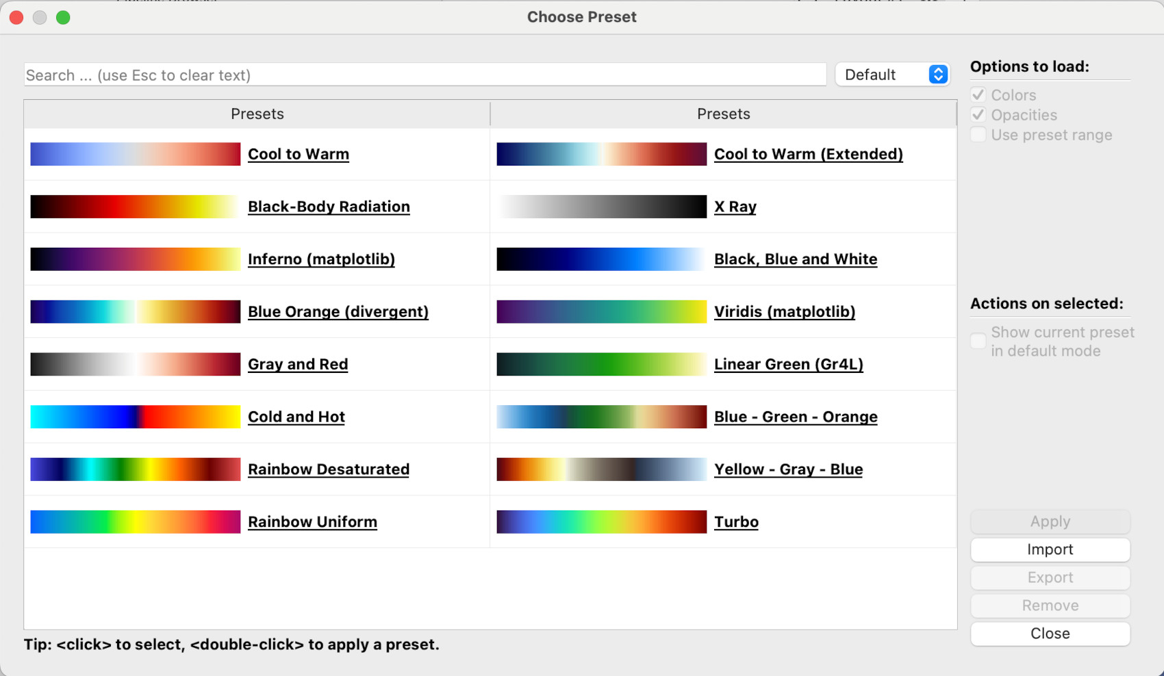 Colourmap dialogue window